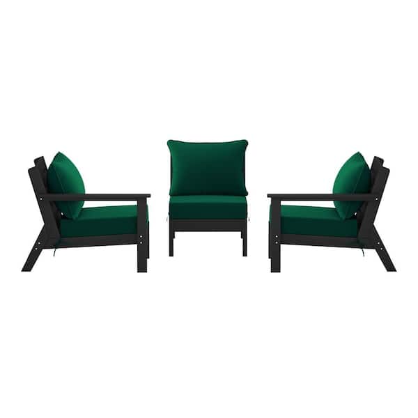 Birchwood Black Arrangeable Outdoor Patio 3-Piece Deep Seating HDPE Sofa Arm Chair Set w/ Green Cushions