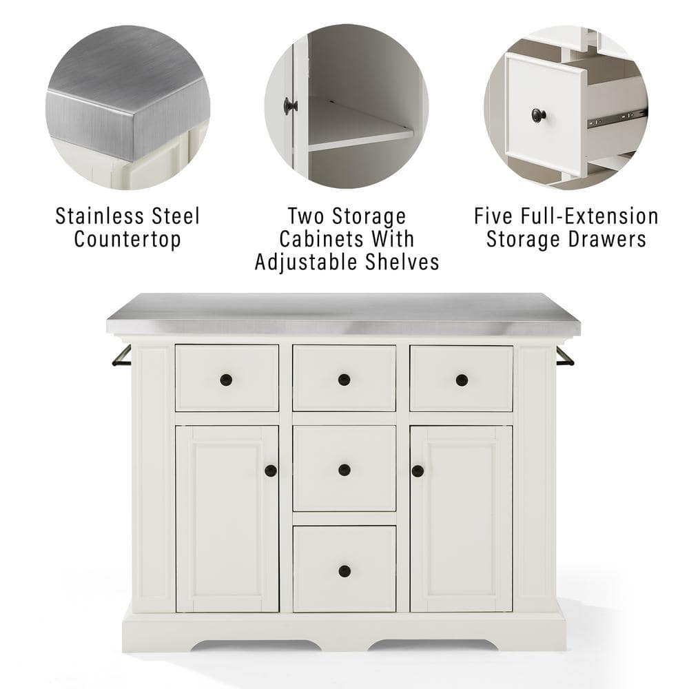 Elegant Julia White and Black Kitchen Island Set with Stainless Steel Top and Upholstered Stools