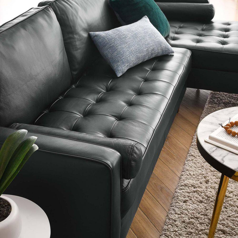 Valour Black Tufted Faux Leather Sectional Sofa with Wood Legs