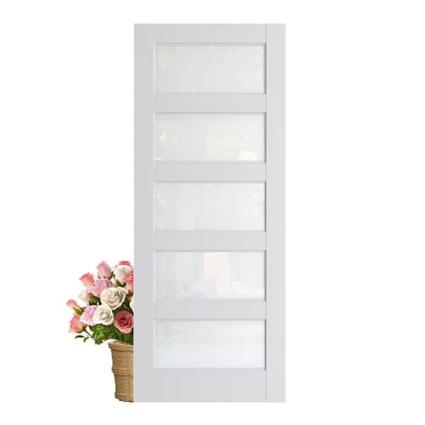 28 in. x 80 in. 5-Lite Solid Core Frosted Glass White Primed Composite MDF Interior Door Slab No Hardware Included
