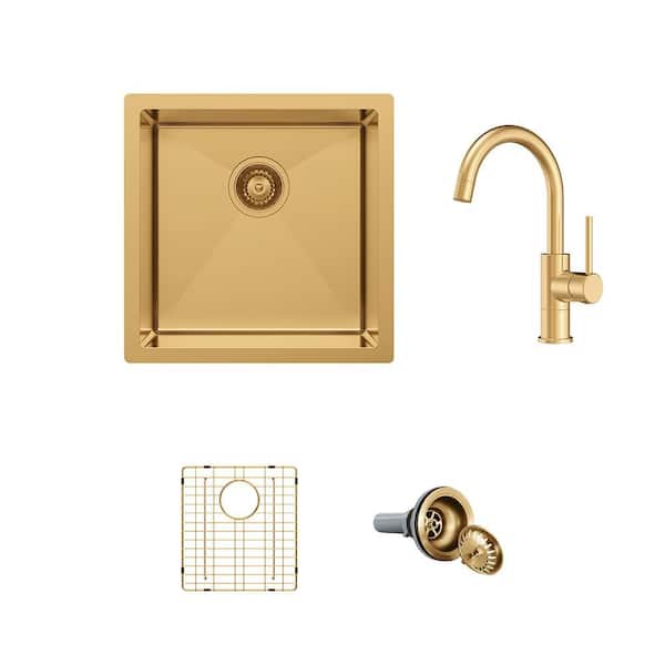 Zero Radius 17 in. Undermount Single Bowl 18G Gold Stainless Steel Workstation Bar Sink with Folding Faucet