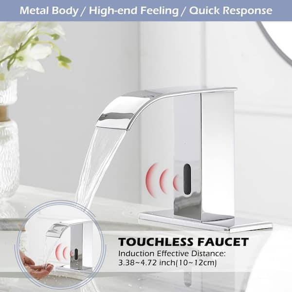 Automatic Sensor Touchless Single Hole Bathroom Sink Faucet with Deck Plate & Pop-Up Drain in Polished Chrome