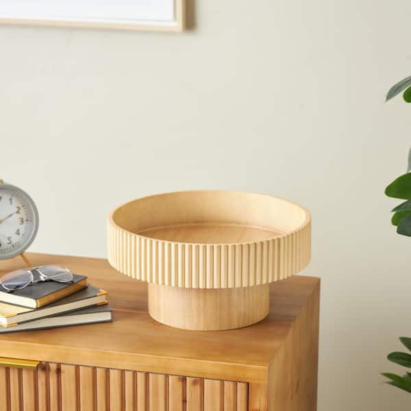 Litton Lane Light Brown Wood Ribbed Decorative Bowl with Elevated Base