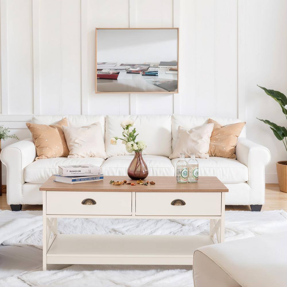 39.4 in. White Rectangle X-Shape Design Coffee Table with Drawer