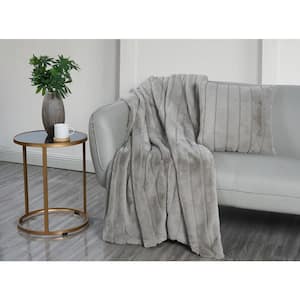 Faux Fur Stripe Gray Plush Throw Blanket and Pillow Gift Set of 1