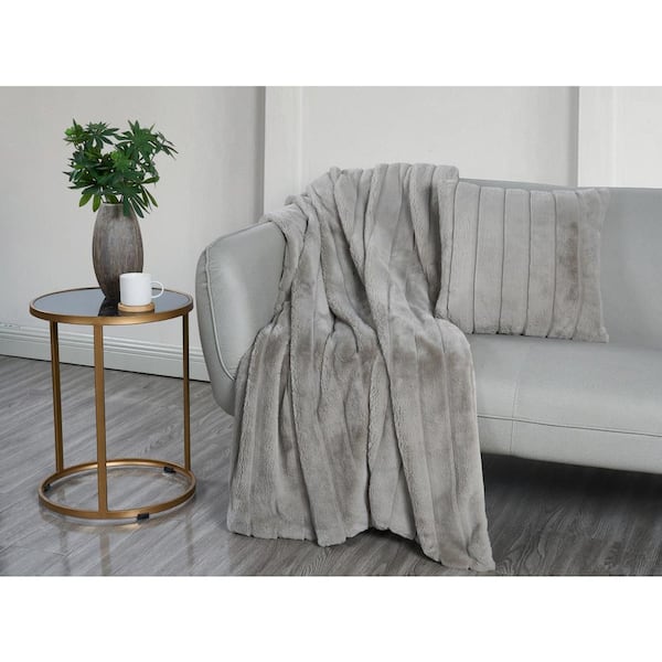 VIDERI HOME Faux Fur Stripe Gray Plush Throw Blanket and Pillow Gift Set of 1