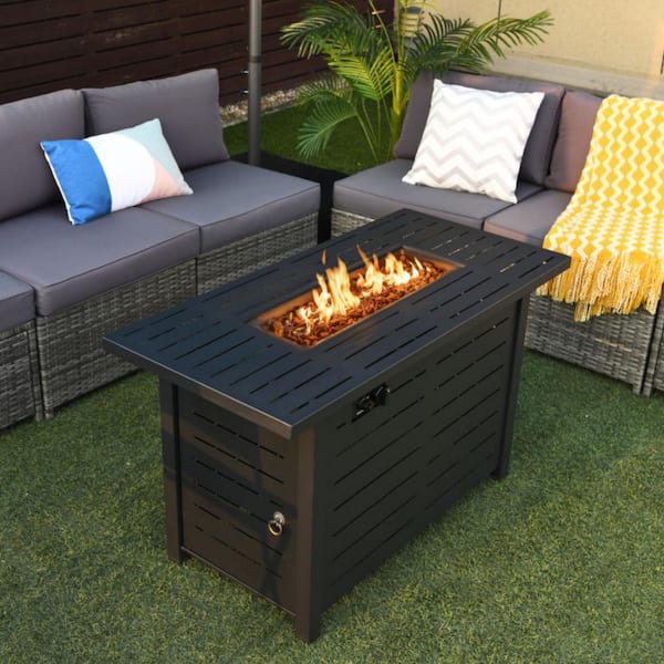 42 in. Black Rectangular 60,000 BTU Outdoor Patio Rectangular Propane Fire Pit Table with Waterproof Cover