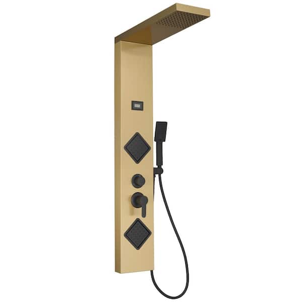 HOMEMYSTIQUE Dual 3-in-1 2-Jet Rainfall Shower Panel System with Rainfall Waterfall Shower Head and Shower Wand in Black Gold