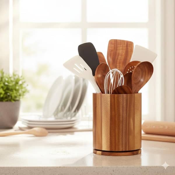 Acacia Wood Large Utensil Holder 360° Rotating Kitchen Counter Organizer Crock Farmhouse Decor Natural Finish