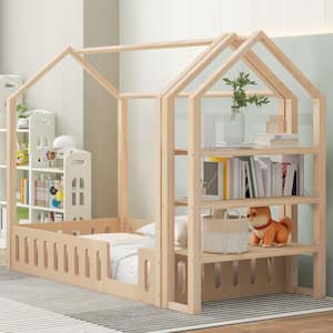 Natural Wood Frame Twin Size House Platform Bed, Floor Bed with Fence Bedrails, Detachable Storage Shelves