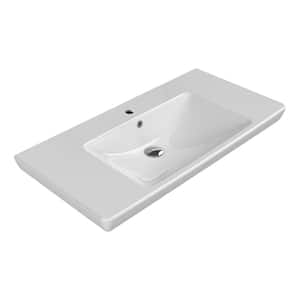 Porto Modern White Ceramic Rectangular Wall Mounted Sink with Single Faucet Hole