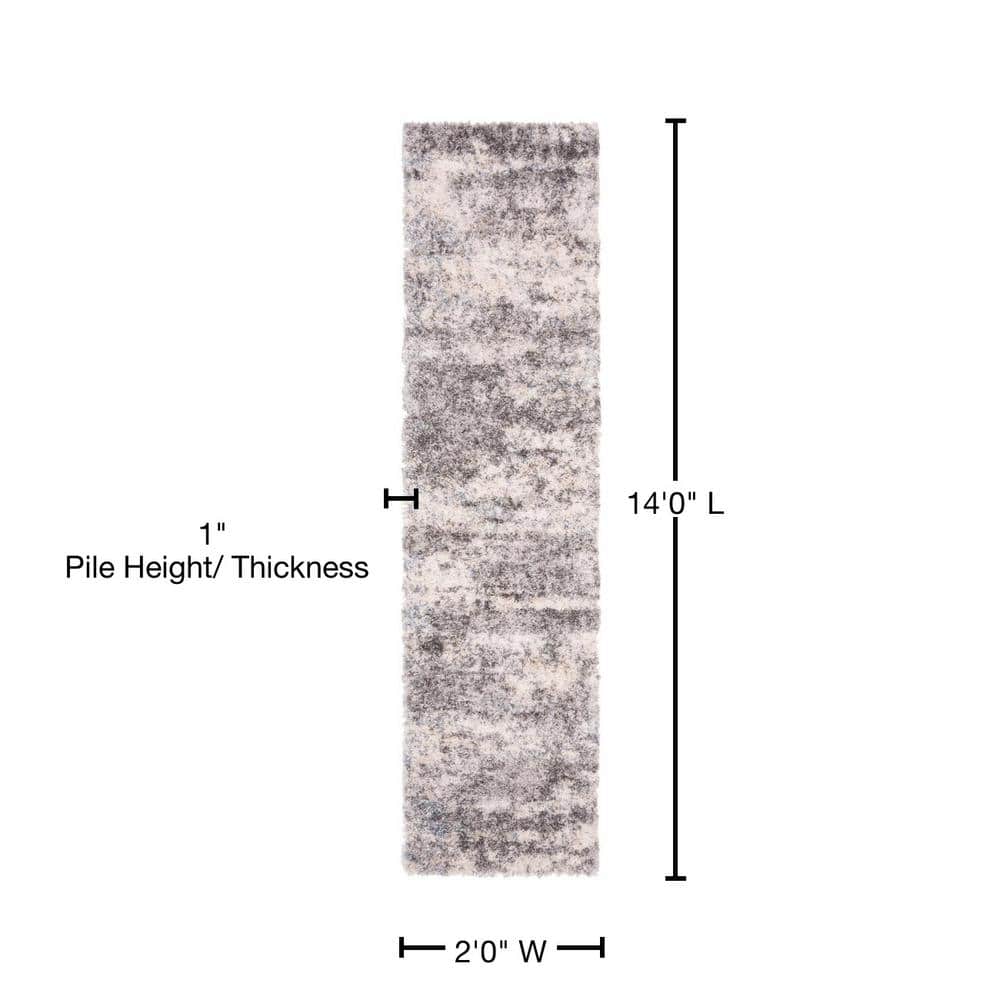 Grey and Cream Synthetic Shag Runner Rug, 2' x 14'