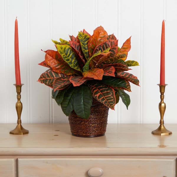 Nearly Natural - 17 in. Garden Croton Artificial Plant in Basket (Real Touch)