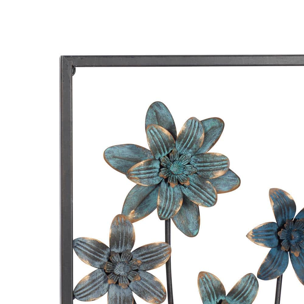 Elegant Gray and Blue Floral Metal Wall Sculptures (Set of 2)