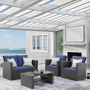 4-Piece Wicker Patio Conversation Set, Outdoor Sectional Sofa with Tempered Glass Coffee Table and Blue Cushions