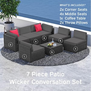 7-Piece Black Wicker Outdoor Sectional Patio Furniture Corner Sofa Set and Coffee Table with Gray Cushions