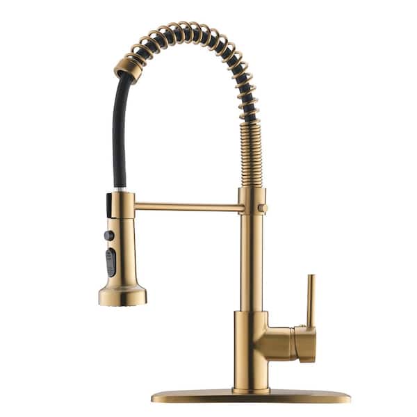 UKISHIRO Queen Single-Handle Pre-Rinse Spring Pull Down Sprayer Kitchen Faucet with Deckplate in Polished Gold