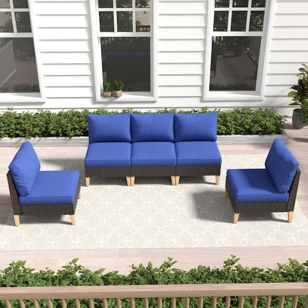 Gymojoy Chic Relax Brown Wicker 5-Piece Outdoor Sectional Sofa Set Patio Conversation Set with CushionGuard Blue Cushions