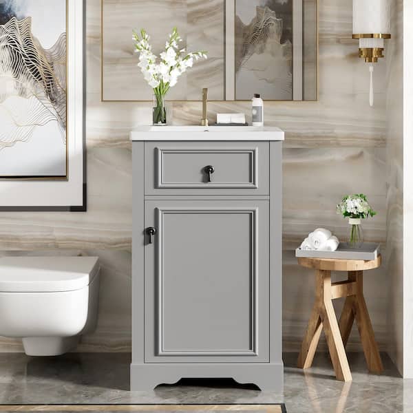 20 in. Single Sink Freestanding Gray Bath Vanity with White Ceramic Top, Adjustable Shelf