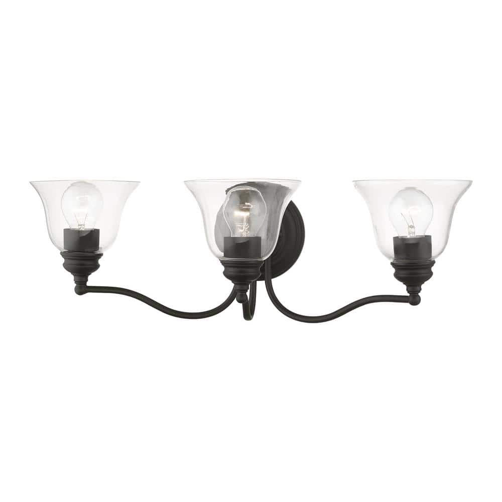 Moreland Transitional 3-Light Vanity Sconce in Black with Hand Blown Glass