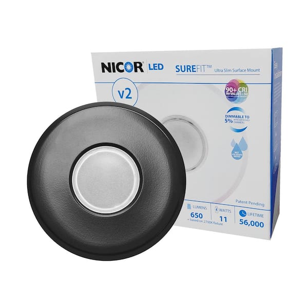 NICOR SureFit(v2) 5.2 in. Round Black Ultra Slim LED Flush Mount 2700K