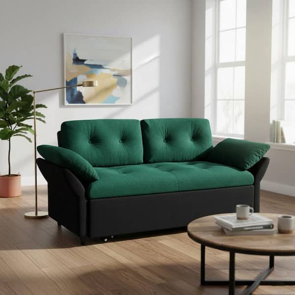 Homy Casa ARTISC 74 in. Emerald Green Chenille 3-in-1 Queen Sleeper Sofa Bed with Adjustable Armrests and Side Storage