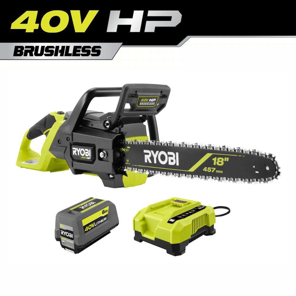 RYOBI 40V HP Brushless 18 in. Cordless Battery Powered Chainsaw Kit 6.0 Ah Battery and Rapid Charger Included RY40HPCW01K The Home Depot