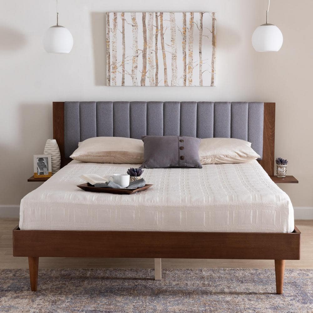 Gray Fabric and Walnut Wood Queen Platform Bed with Tufted Headboard