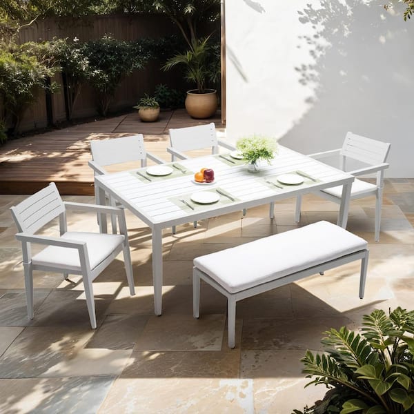 ITOPFOX White 6-Piece Aluminum Rectangular Outdoor Dining Set with Matte White Cushions