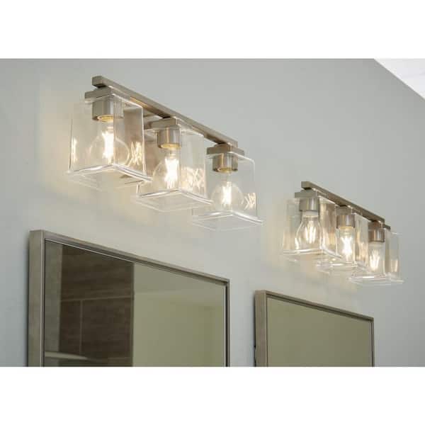 Progress Lighting Gilmour 20 in. 3-Light Brushed Nickel Craftsman Vanity Light with Clear Glass Shades for Bath and Vanity