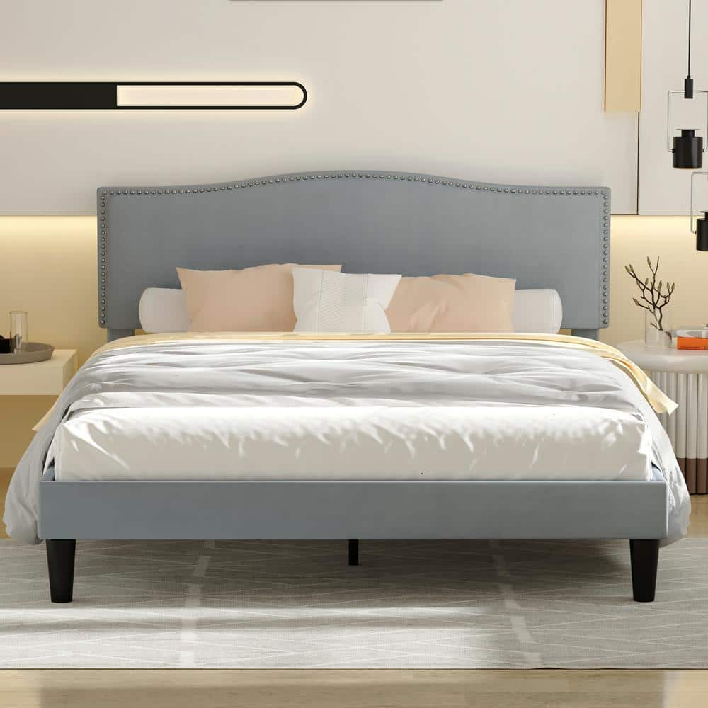 VECELO Upholstered Bed Gray Metal Frame Queen Platform Bed With ...