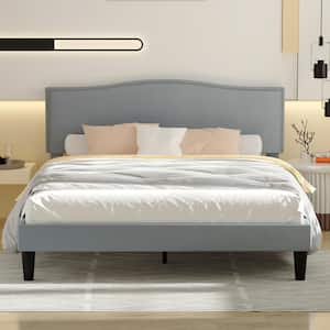 Upholstered Bed Gray Metal Frame Queen Platform Bed with Upholstered Headboard Strong Bed Frame and Wooden Slats Support