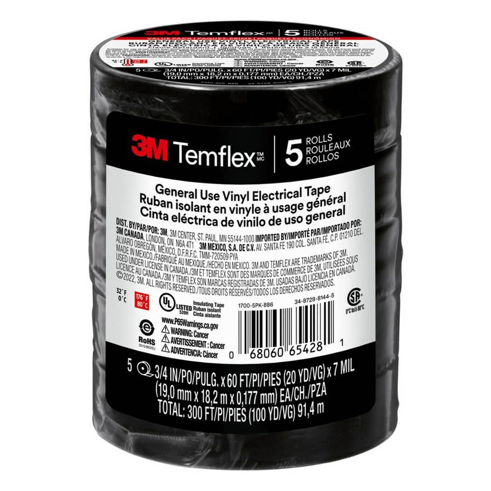 3M Temflex General Use Grade Vinyl Electrical Tape - Black, Tape 1700 - 1  - 66ft