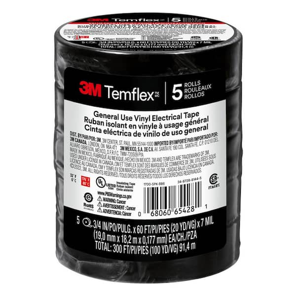 3M Temflex 3/4 in. x 60 ft. 1700 Electrical Tape Black (5-Pack)
