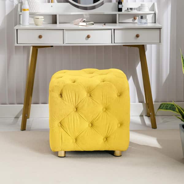 Modern Yellow Velvet Upholstered Square 18.1 in. Tufted Button Exquisite Ottoman Soft Foot Stool Dressing Makeup Chair