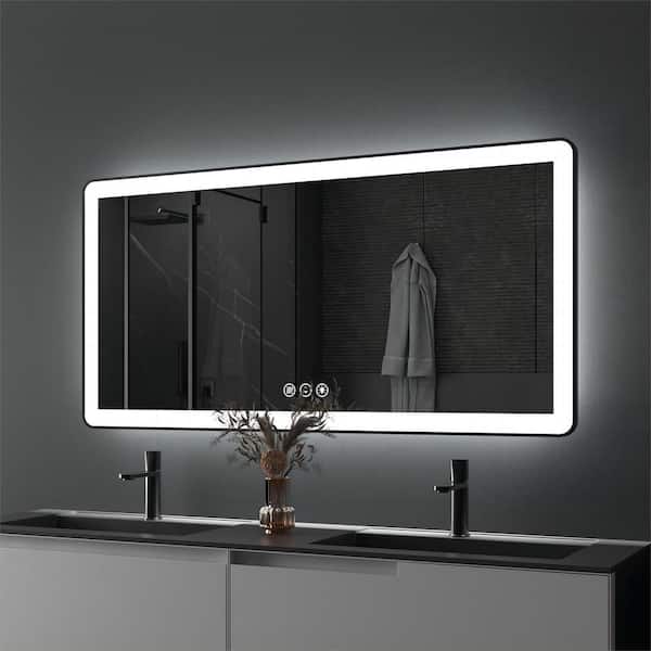 ORGANNICE 60 in. W x 30 in. H Rectangular Framed LED Anti-Fog Wall Mount Bathroom Mirror in Black with Backlit and Front Light
