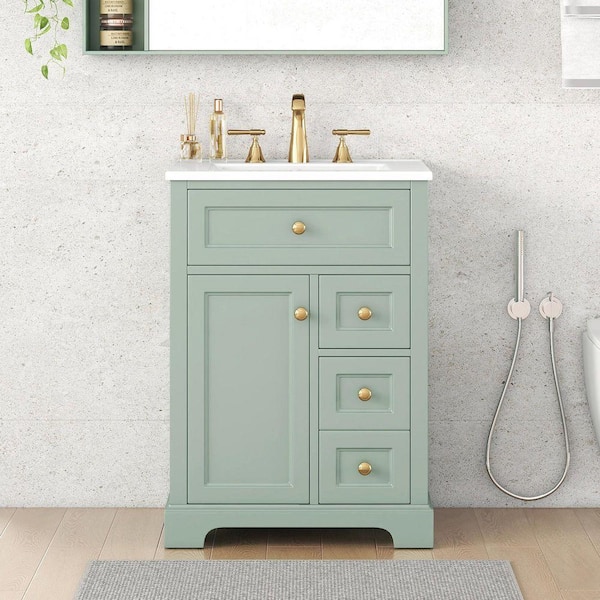 24 in. Freestanding Green Solid Wood Frame Bath Vanity with White Ceramic Top, Soft-Close Door and Drawers