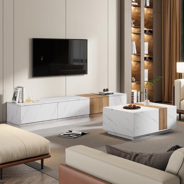 Polibi Modern White TV Stand Fits TV's up to 88 in. with Faux Marble, 2 Storage Drawers