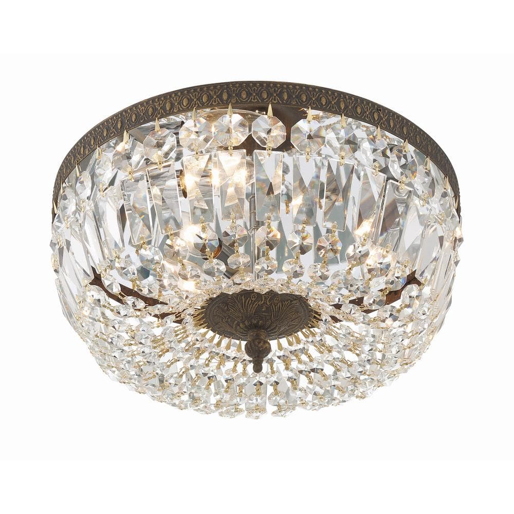 English Bronze and Crystal 3-Light Flush Mount Ceiling Fixture