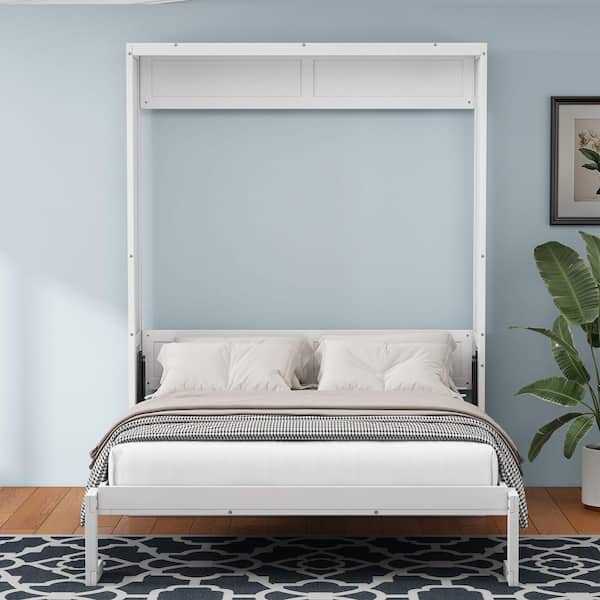 Boosicavelly White Wood Frame Full Murphy Bed with Desk Combo