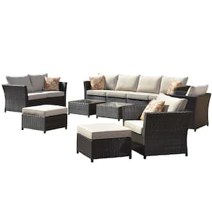 Mesa Brown 12-Piece No Assembly Wicker Outdoor Patio Conversation Sofa Set with Beige Cushions