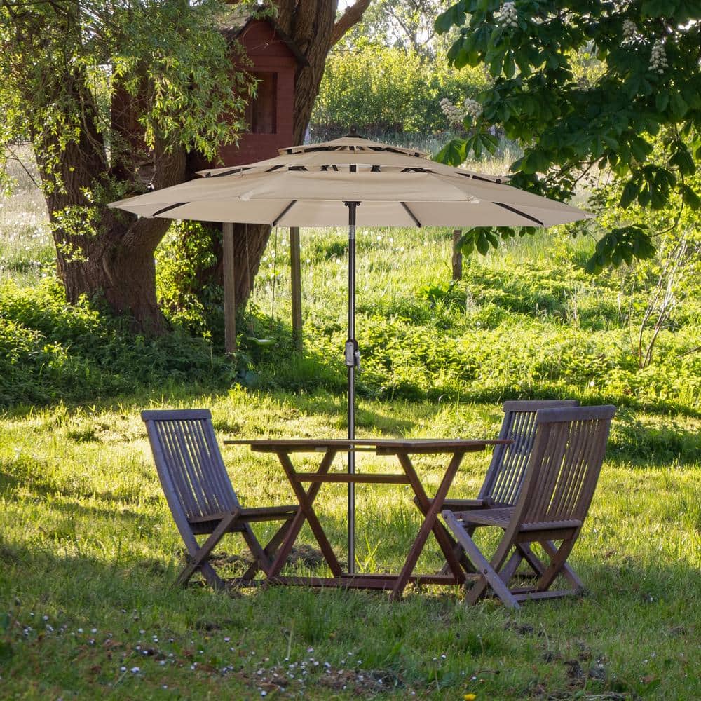 8.8 ft. Aluminum 3 Tiers Market Patio Umbrella in Beige with Push Button Ti