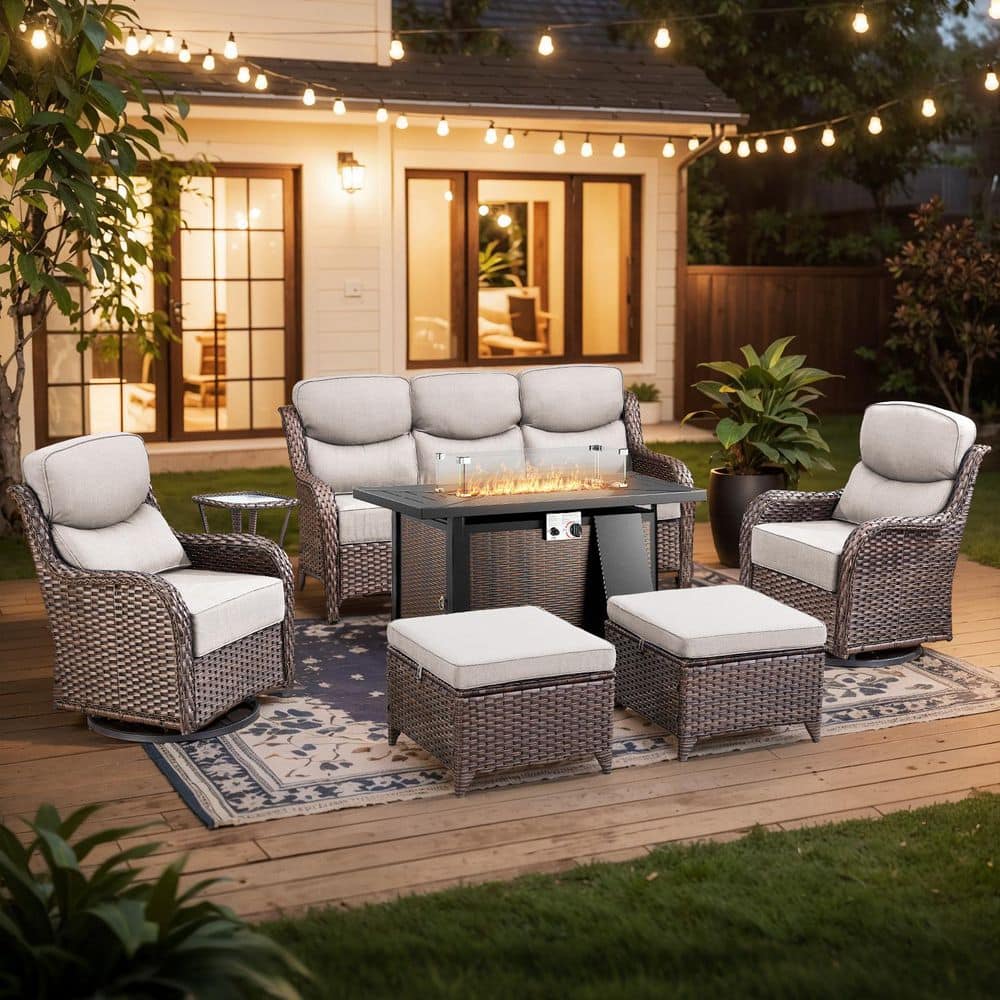 Holion 7-Piece Brown Wicker Patio Fire Pit Conversation Seating Set with Outdoor Swivel Glider Chairs with Beige Cushion price history on PriceWatchPro