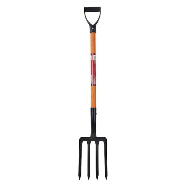 Husky 28 in. Short Wood Handle 4-Tine Spading Fork with D -Grip