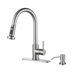 Single Handle Pull-Down Sprayer Kitchen Faucet Set Stainless Steel with Soap Dispenser in Brushed Nickel