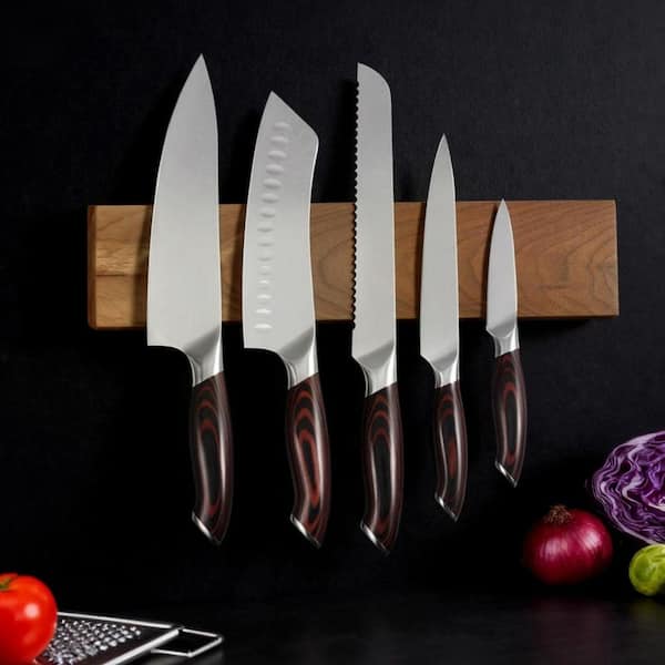 Kitchen Knife Set, Stainless Steel, Ergonomic Crack-Resistant Handle and Powerful Magnetic Knives Holder, 6 Piece