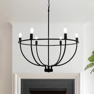 6-Light Farmhouse Black Chandelier with Island Circle Design for Dining Room, Living Room, or Entryway