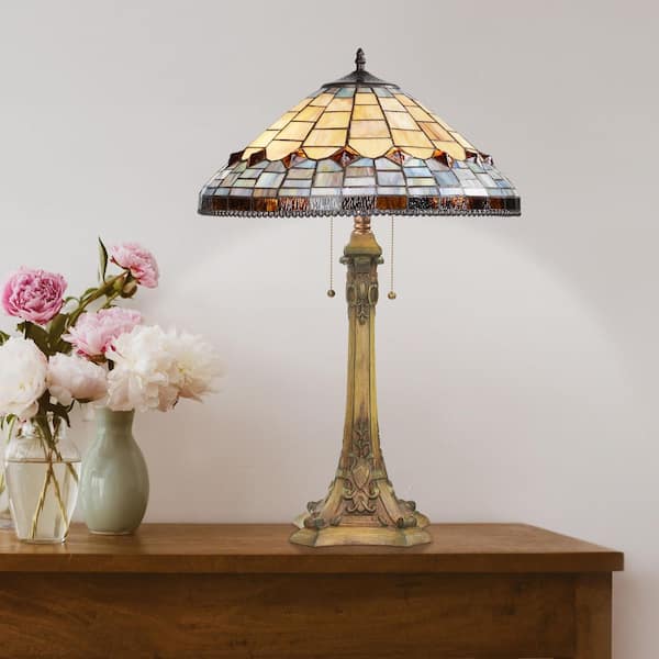 Ariana 26.75 in. Tan Tiffany Stained Glass Candlestick Table Lamp with Multicolor Shade