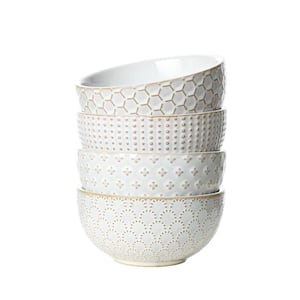 12 fl. oz. Arctic White Ceramic Embossment Stoneware Dessert Bowl for Ice Cream Fruits Side Dishes (Set of 4)