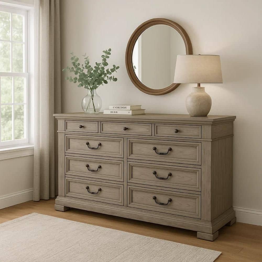 Benjara Roi Weathered Gray and Black 9-Drawer 62 in. Dresser